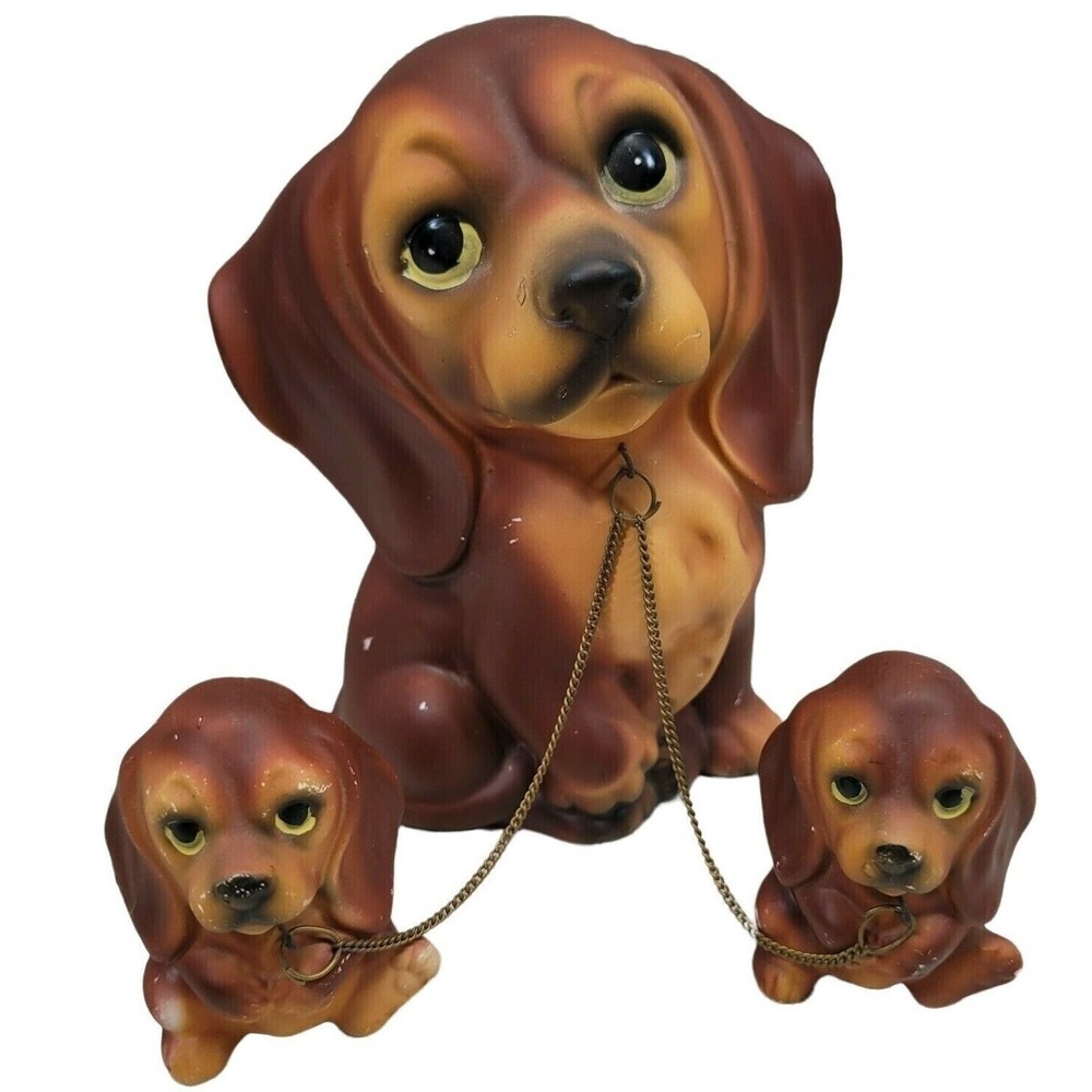 Vintage Dog Figurine Set Brown Mother and Puppies on Chain MCM Kitsch Decor